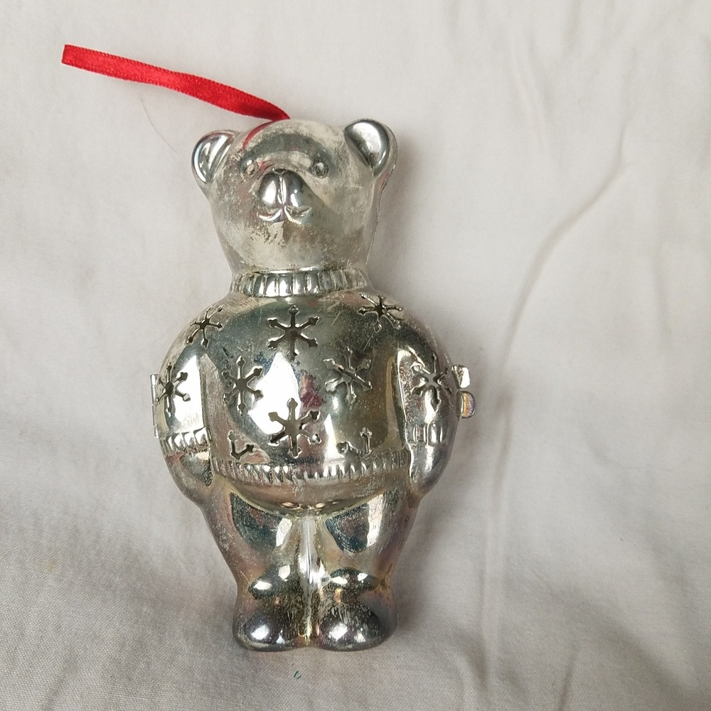 Reed & Barton Teddy Bear Ornament Trinket Box Silver Snowflake Sweater Vintage